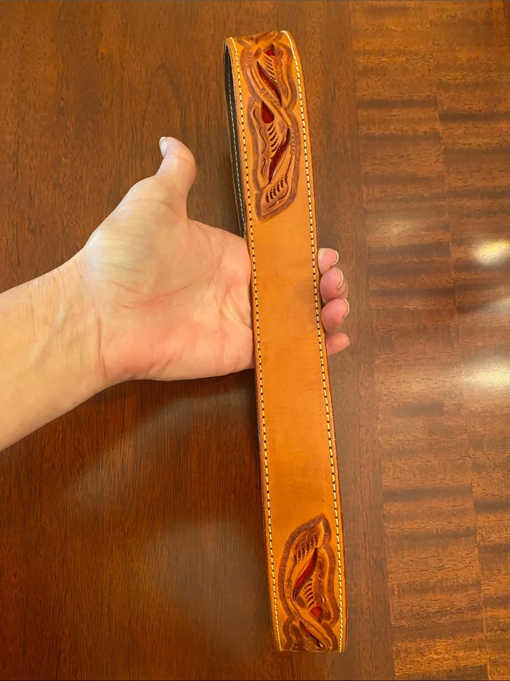 Unisex Leather RANGER Western-Style Tooled Belt with Red Accent